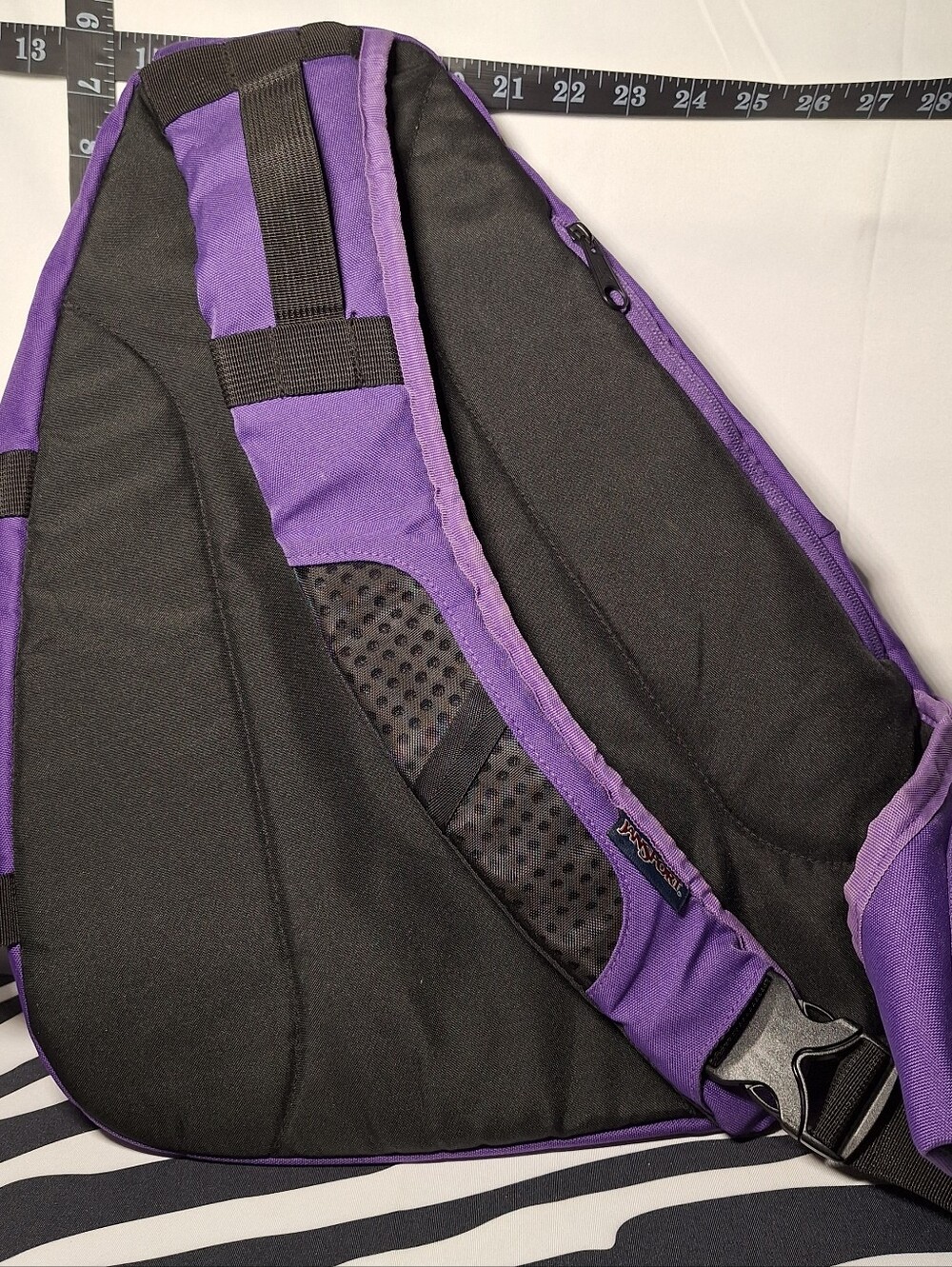 Jansport Sling Backpack, Zebra Stripes, Purple & Blue & Black Sling Style - Picture 3 of 10